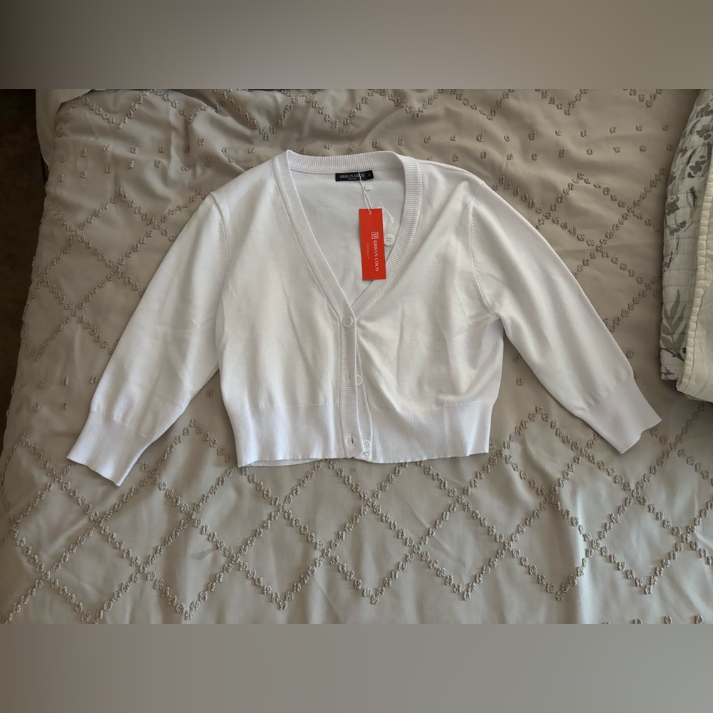 White Cropped V-Neck Cardigan Sweater